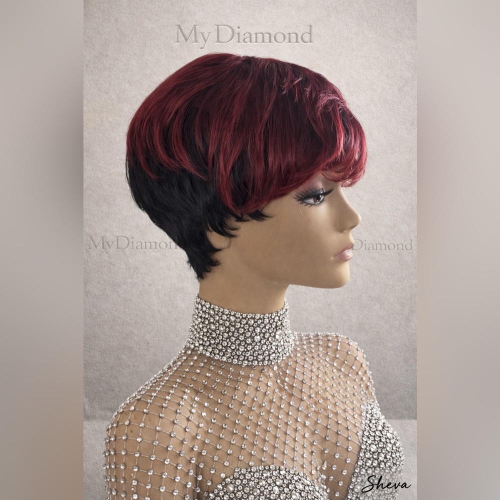 Burgundy & Black synthetic Short Pixie | Sleek, Bold & Ready-to-Wear synthetic